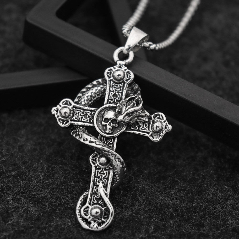 Gothic Skull Dragon Cross Necklace Men's Hip Hop Vintage Pendant Necklace Street Style Jewelry