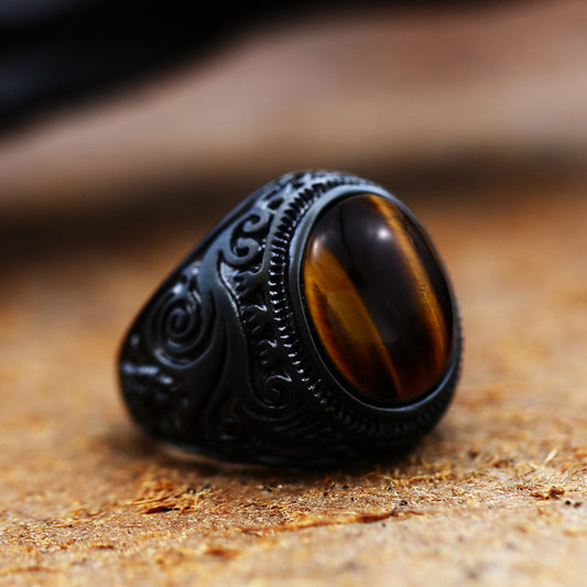 Hand Carved Tiger Eye Stone Punk Ring for Men with Vintage Ethnic Style Alloy Accent