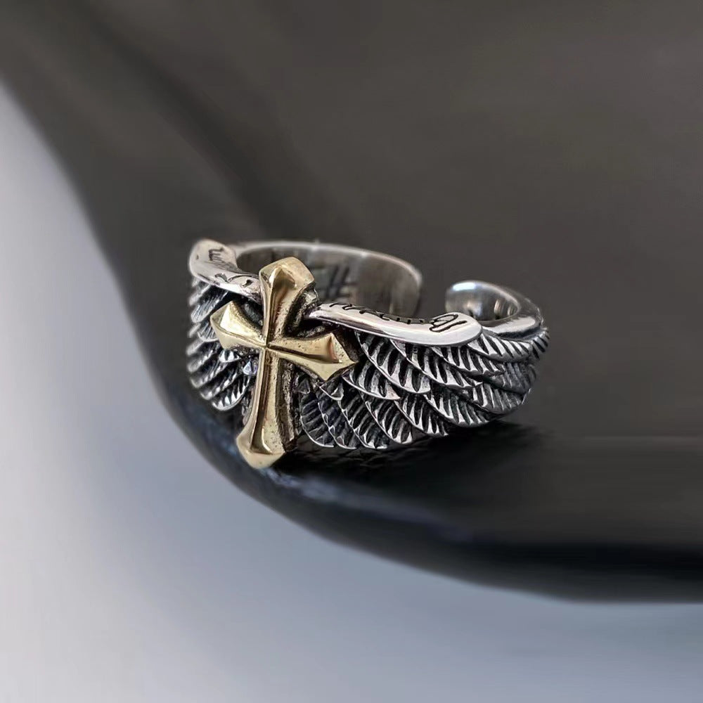 Men's Cross Wing Ring, Graffiti Letter Design Creative Hip Hop Statement Ring