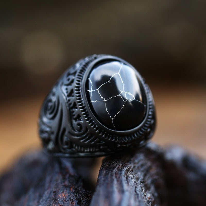 Hand Carved Tiger Eye Stone Punk Ring for Men with Vintage Ethnic Style Alloy Accent