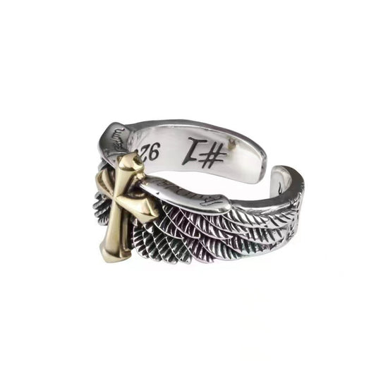 Men's Cross Wing Ring, Graffiti Letter Design Creative Hip Hop Statement Ring