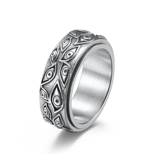 Unique Titanium Steel Men's Ring with Devil Eye, Rotating Motion, Anxiety Relief