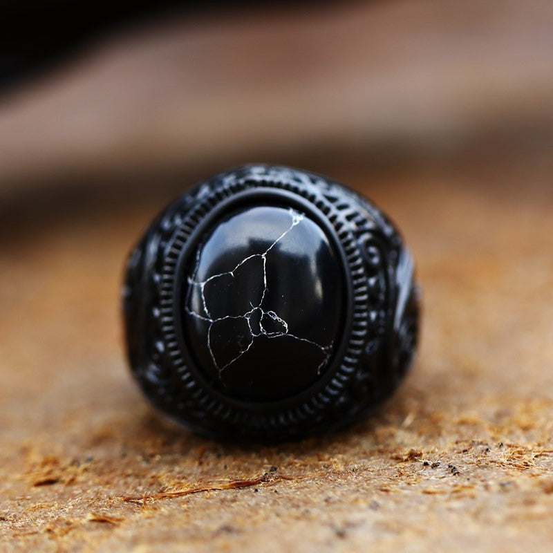 Hand Carved Tiger Eye Stone Punk Ring for Men with Vintage Ethnic Style Alloy Accent