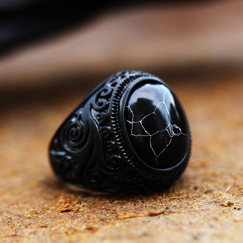 Hand Carved Tiger Eye Stone Punk Ring for Men with Vintage Ethnic Style Alloy Accent