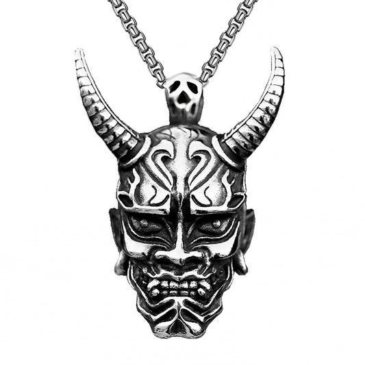 Street Hannya Mask Pendant Necklace - Hiphop Titanium Steel Chain for Men, Trendy Gothic Jewelry Gift