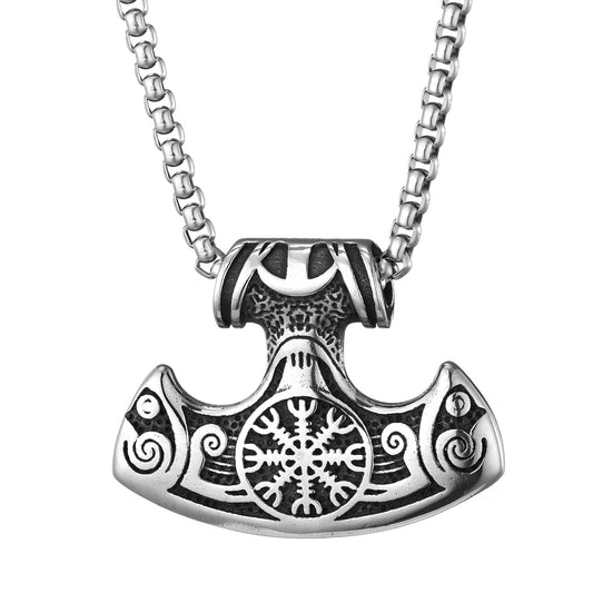 Viking Ship Anchor Snowflake Hammer Pendant Necklace for Men, Hip Hop Titanium Steel Jewelry